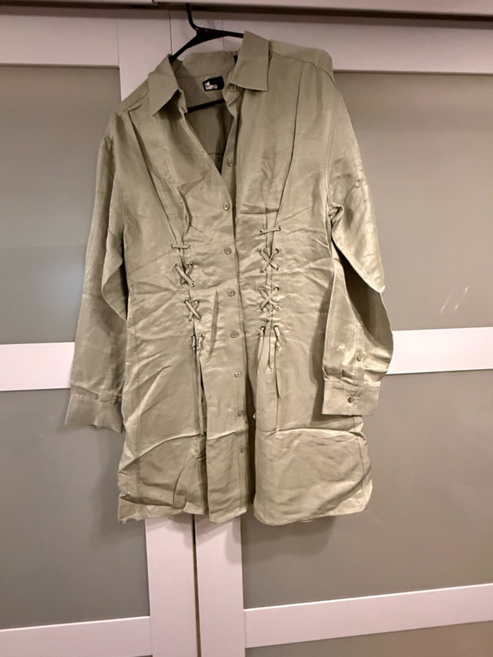 The Kooples Linen Blend Light Green Button-Front Long Top with Lace-Up Details